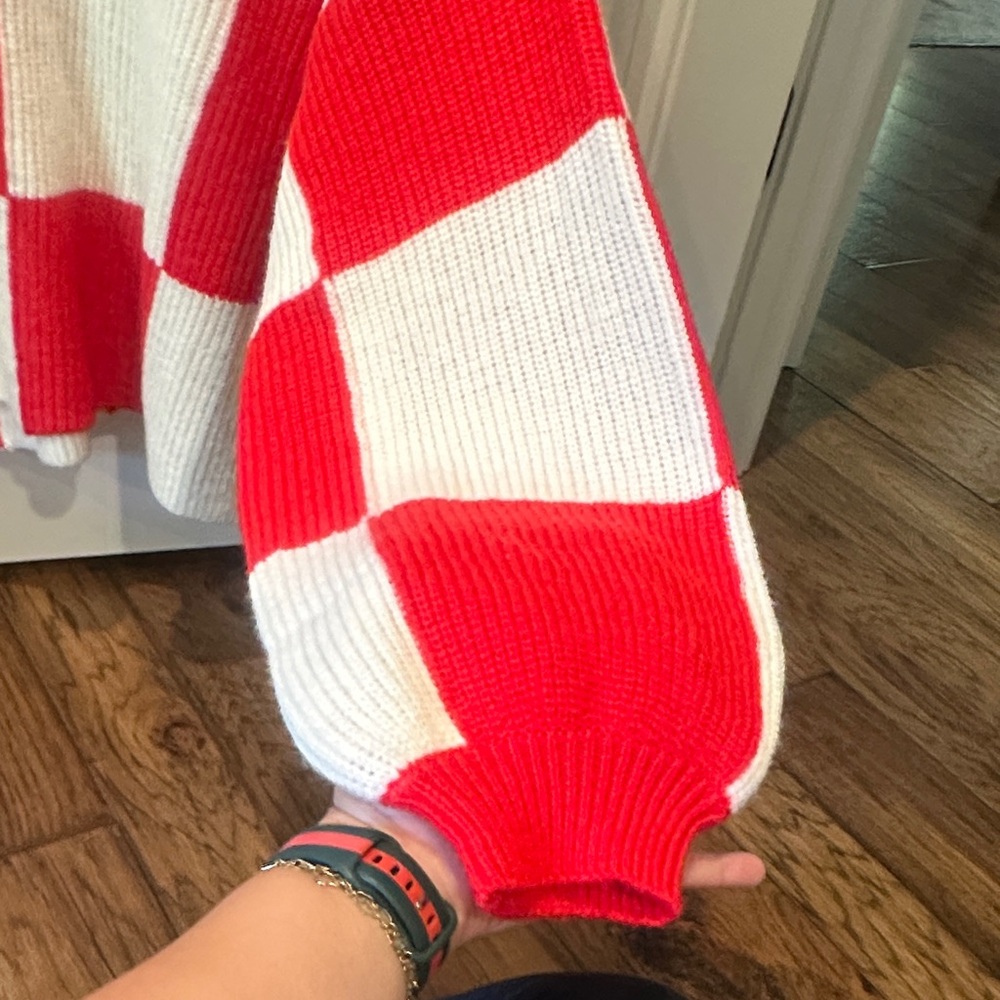 Bold Red and White Checkered Women's Sweater - Picture 2 of 5